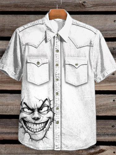 Unisex Vintage  Punk Art Printed Vintage Fashion Lapel Loose Short Sleeve Shirt