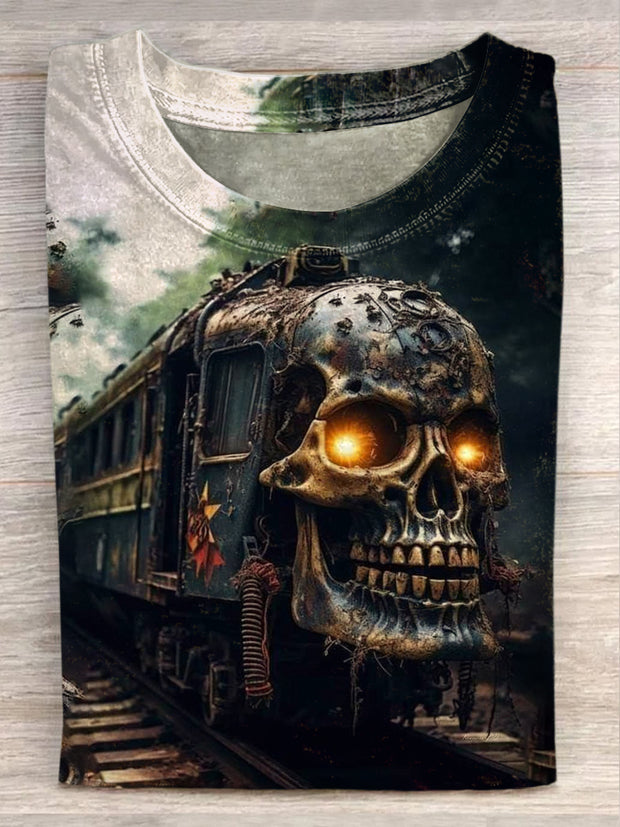 Unisex Skull Train Printed Vintage Fashion Loose Short Sleeve T-Shirt