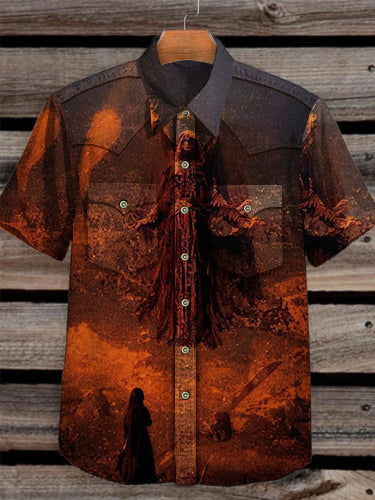 Unisex Vintage Witch Abstract Printed Vintage Fashion Lapel Loose Short Sleeve Shirt