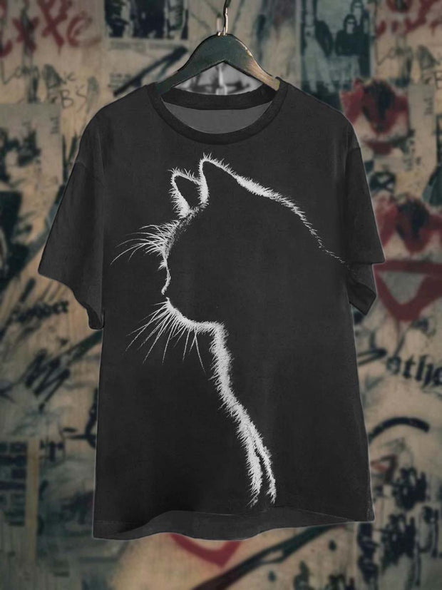 Unisex Abstract Cat Shadow Print Casual T-Shirt