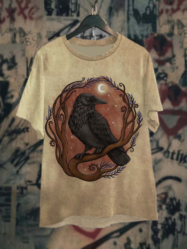 Unisex Vintage Raven Print Casual T-Shirt