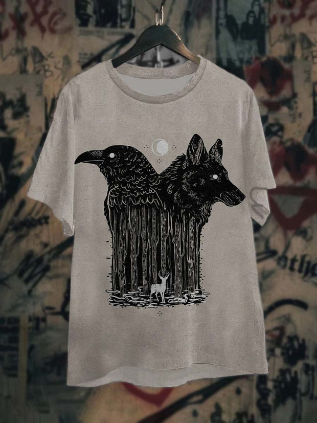 Unisex Abstract Raven & Wolf Printed Casual T-Shirt