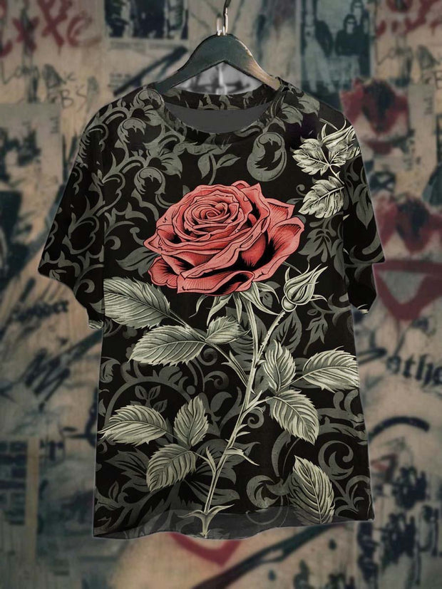 Unisex Gothic Dark Rose Print Casual Crew Neck T-Shirt