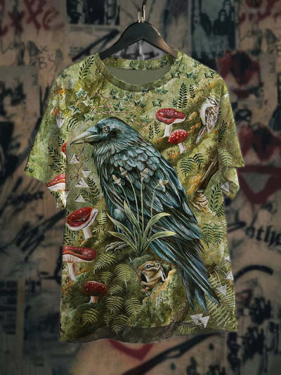 Unisex Mushroom Raven Print Casual T-Shirt