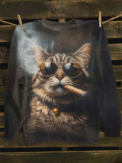 Unisex Smoking Cat Printed Casual Sweatshirt