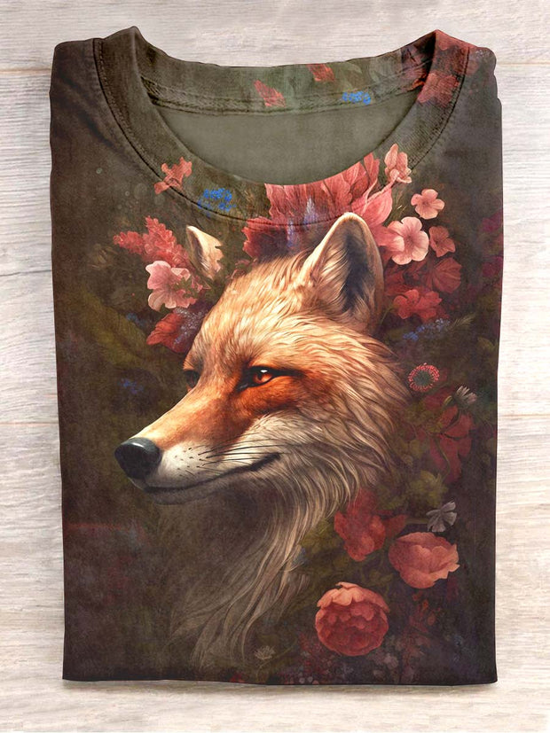 Unisex Fox Floral Print Casual T-Shirt