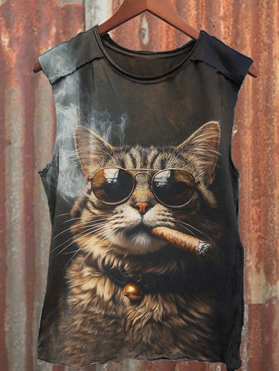 Unisex Smoking Cat Print Casual Vest Top