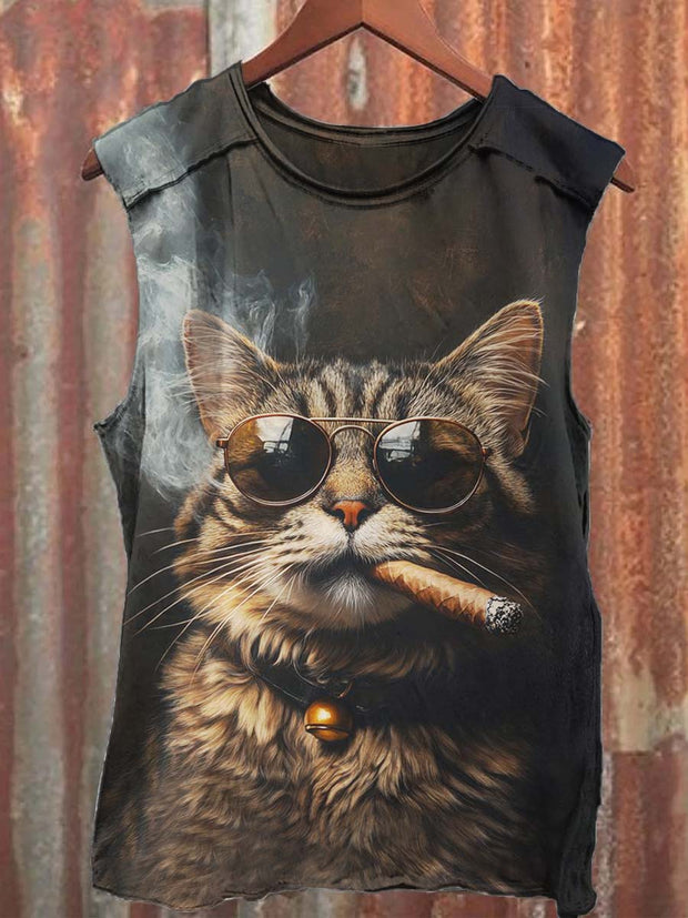 Unisex Smoking Cat Print Casual Vest Top