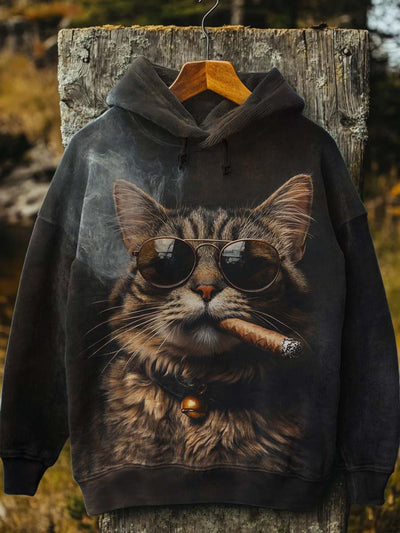 Unisex Smoking Cat Printed Casual Hoodie Sweatshirt