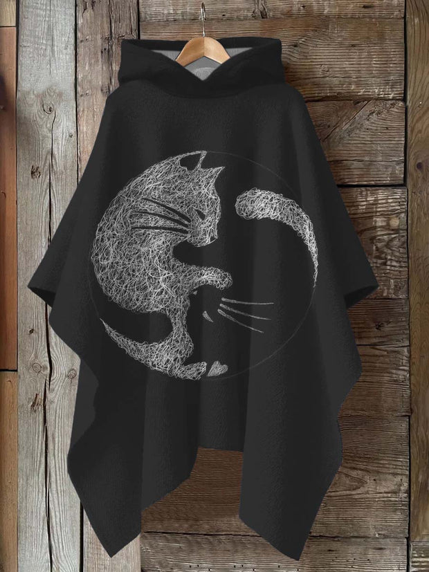 Black And White Cat Art Print Hooded Warm Shawl