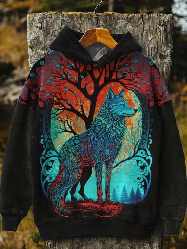 Unisex Vintage Colorful Wolf Print Casual Hooded Sweatshirt