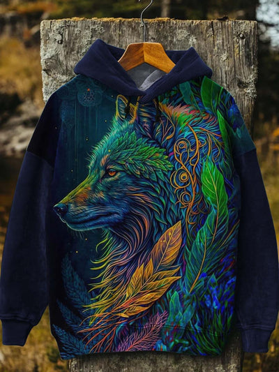 Unisex Vintage Colorful Wolf Print Casual Hooded Sweatshirt