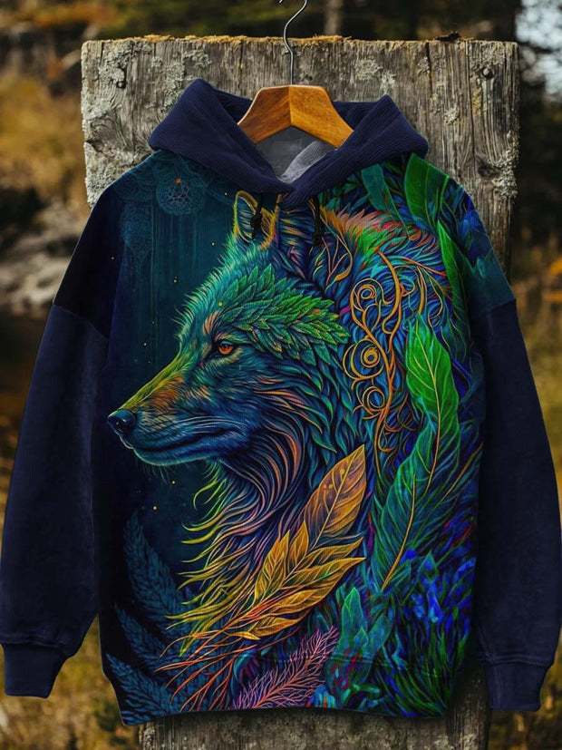 Unisex Vintage Colorful Wolf Print Casual Hooded Sweatshirt