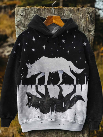 Unisex Vintage Abstract Two Color Wolf Print Casual Hooded Sweatshirt