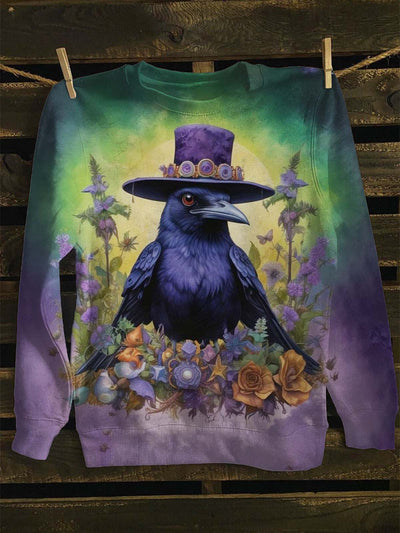 Unisex Vintage Floral Raven Print Casual Sweatshirt