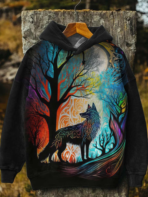 Unisex Vintage Abstract Colorful Wolf Print Casual Hooded Sweatshirt