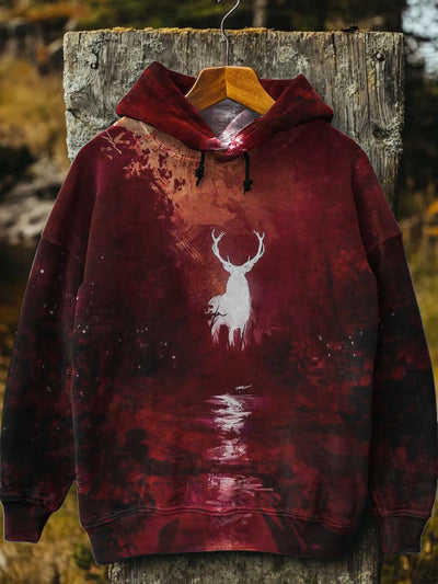 Unisex Deer in the Woods Print Casual Hooded Sweatshirt