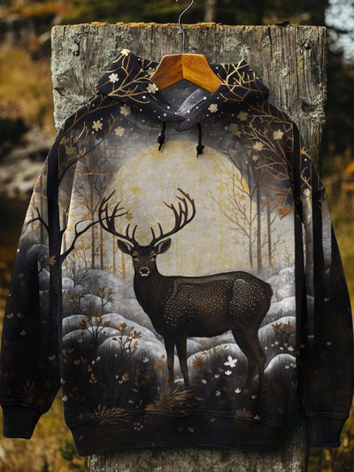 Unisex Deer in the Woods Print Casual Hooded Sweatshirt