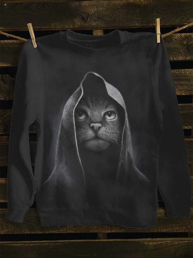 Unisex Black Cat Printed Casual Crewneck Sweatshirt