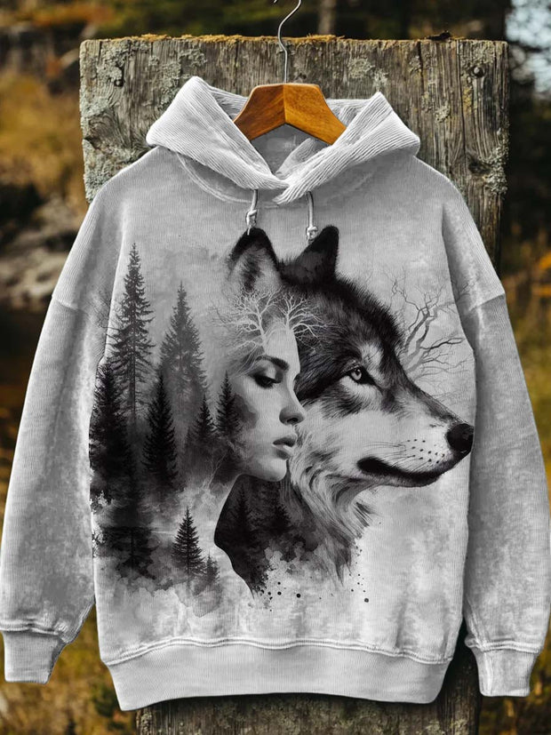 Woman In The Forest With Wolf Print Casual Hooded Sweatshirt