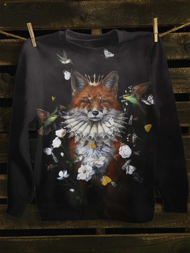 Unisex Vintage Floral Fox Print Casual Sweatshirt