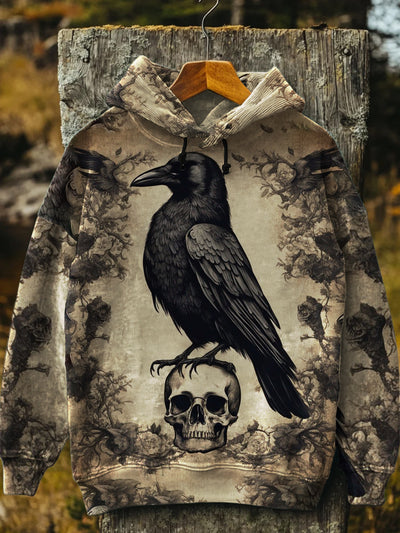 Unisex Vintage Raven Skull Print Casual Hooded Sweatshirt