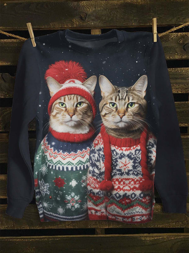 Unisex Winter Cat Print Casual Sweatshirt