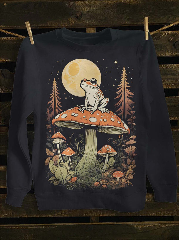 Unisex Mushroom Frog Print Casual Crewneck Sweatshirt