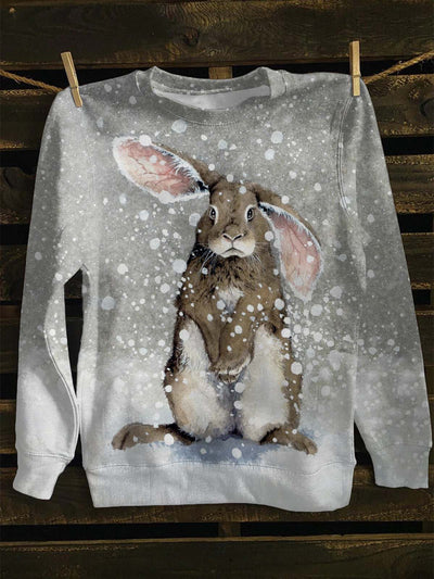 Unisex Winter Bunny Easter Print Casual Crewneck Sweatshirt