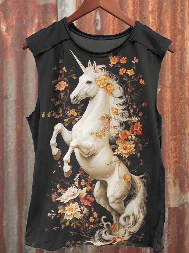 Unisex Floral Unicorn Print Casual Tank Top