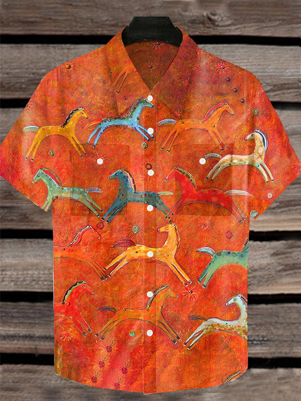 Retro Western Horse Print Lapel Loose Short Sleeve Shirt