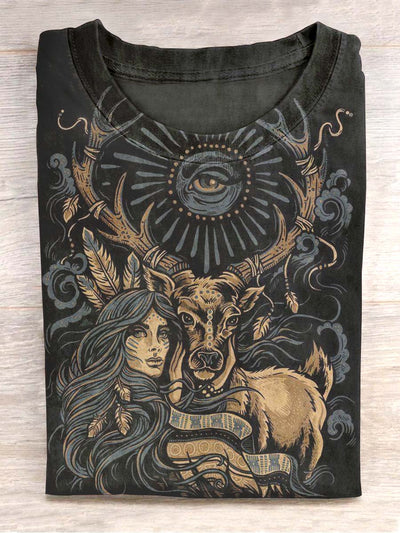 Unisex Tribal Reindeer Print Casual Crew Neck T-Shirt