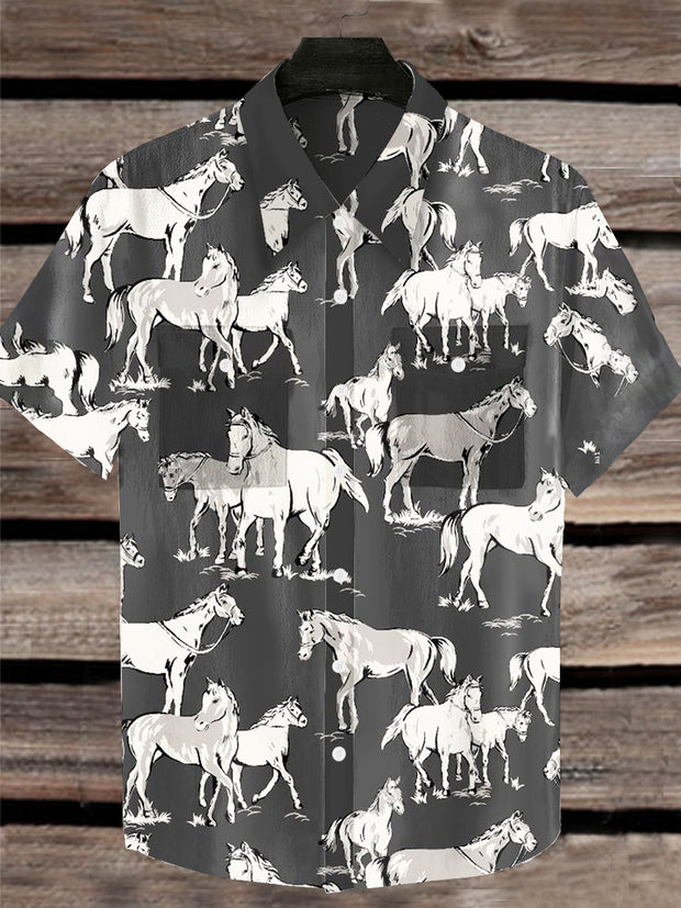 Retro Western Horse Print Lapel Loose Short Sleeve Shirt