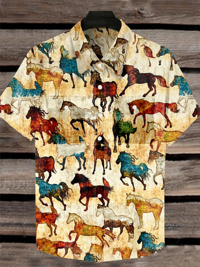 Retro Western Horse Print Lapel Loose Short Sleeve Shirt