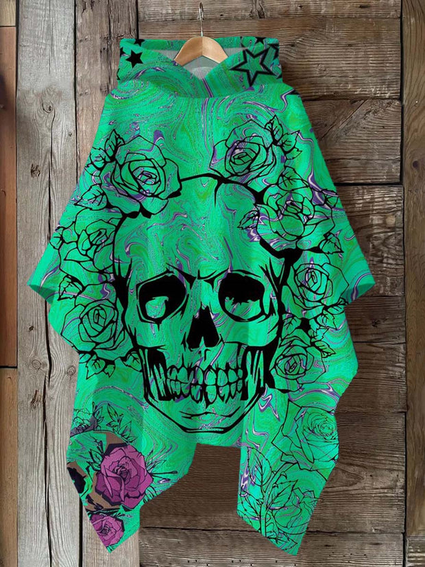 Flower Skull Art Print Hooded Warm Shawl