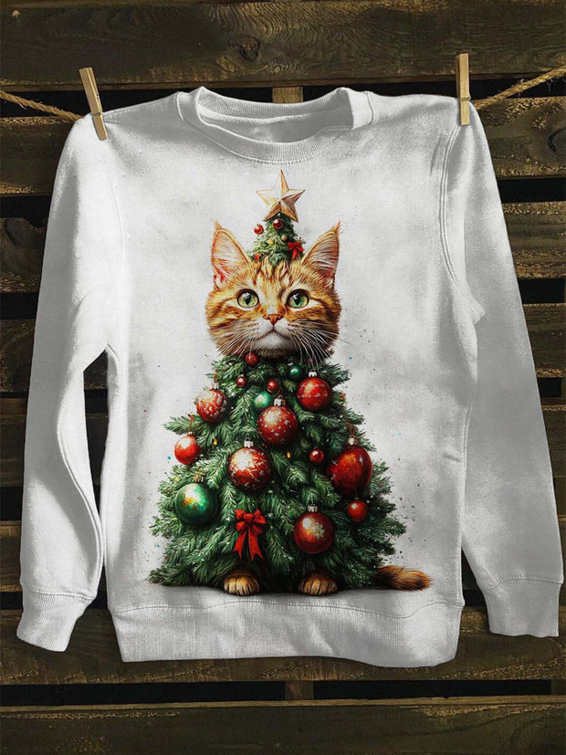 Unisex Christmas Tree Cat Print Casual Crew Neck Sweatshirt