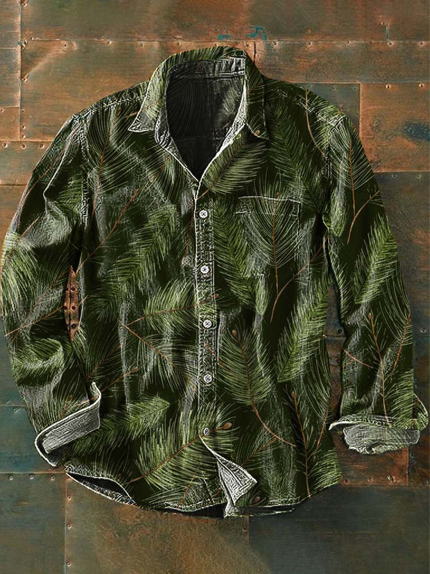 Men's Pine Leaf Print Casual Long Sleeve Shirt