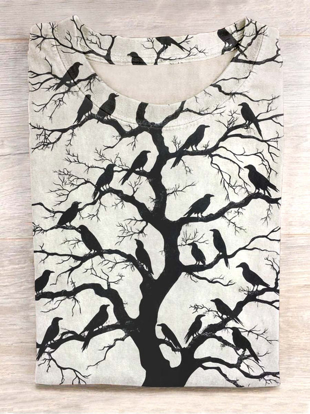 Unisex Raven Tree Printed Casual Crew Neck T-Shirt