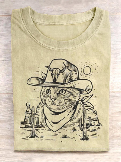 Unisex Vintage Denim Cat Print Design T-Shirt