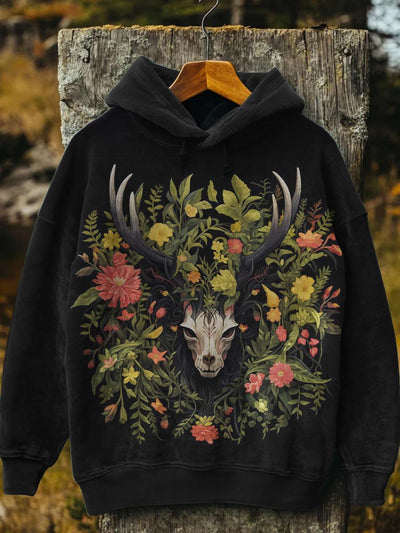 Unisex Vintage Floral Cowl Print Casual Hooded Sweatshirt