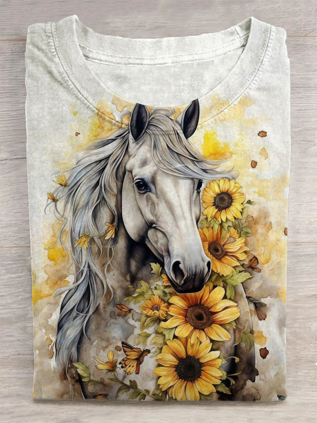 Unisex Sunflower And Horse Print Design T-Shirt