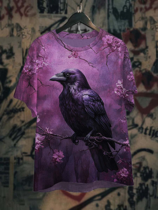 Unisex Floral Raven Print Casual Short Sleeve T-Shirt