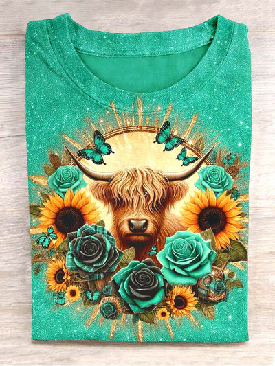 Unisex Floral Highland Cow Print Design T-Shirt