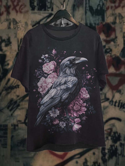 Unisex Floral Raven Print Casual Short Sleeve T-Shirt