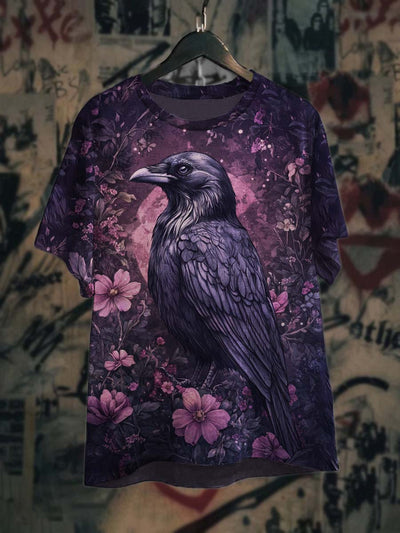 Unisex Floral Raven Print Casual Short Sleeve T-Shirt