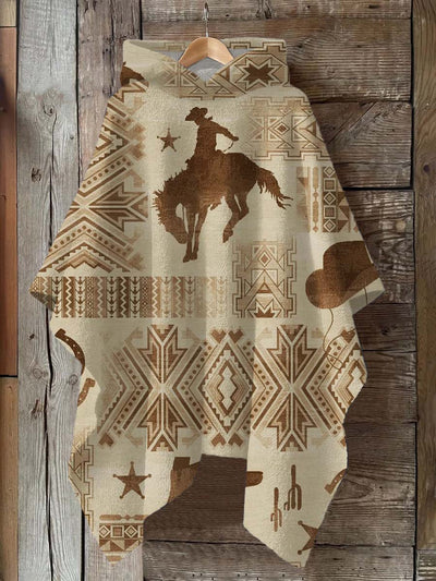 Western Cowboy Print Hooded Warm Shawl