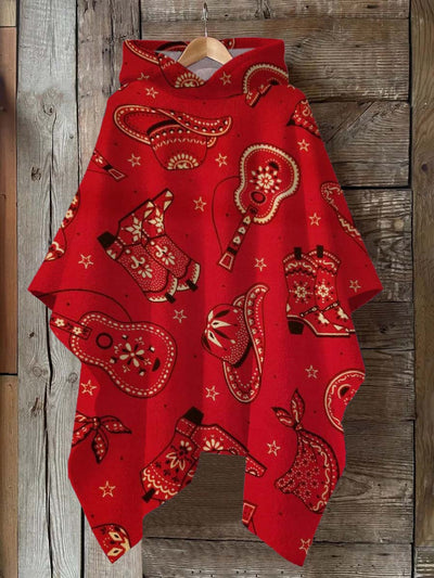 Western Cowboy Print Hooded Warm Shawl