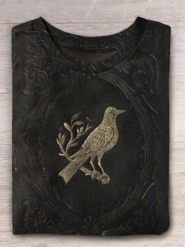 Unisex Vintage Black Bird Print Casual Crew Neck T-Shirt