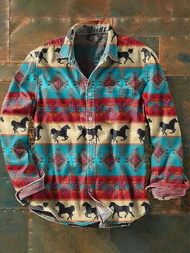 Men's Vintage Western Cowboy Print Casual Long Sleeve Shirt