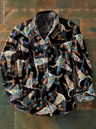 Men's Vintage Western Cowboy Print Casual Long Sleeve Shirt